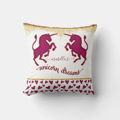 Fun Unicorn Dreams w Hearts Pink Gold and Name Throw Pillow