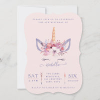 Fun Unicorn face watercolor birthday party invite