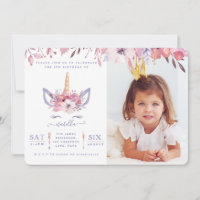 Fun Unicorn face watercolor photo party invite. Invitation