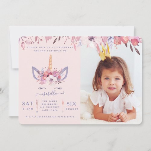 Fun Unicorn face watercolor photo party invite Invitation