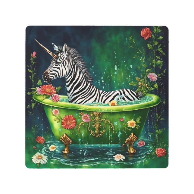Fun Unicorn Zebra in a Bathtub Metal Print (Front)