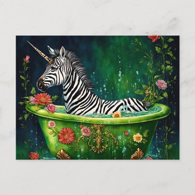 Fun Unicorn Zebra in a Bathtub Postcard (Front)