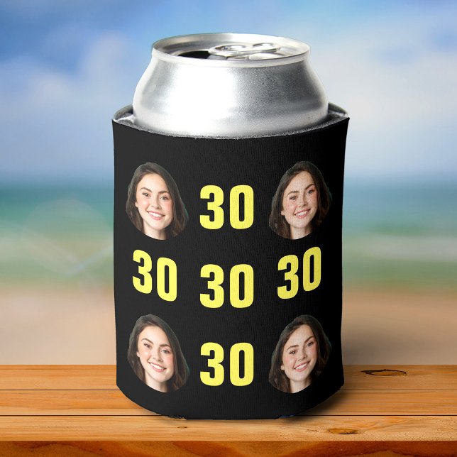Fun Unique 30th Birthday Photo Cool Retro Can Cooler (A black beer sleeve with five yellow "30" numbers + four smiling face illustrations evenly arranged)