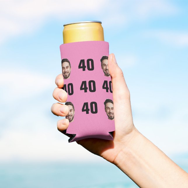 Fun Unique 40th Birthday Photo Cool Retro Seltzer Can Cooler (A pink beer sleeve with five yellow "40" numbers and four custom smiling circular face photo cutout.)