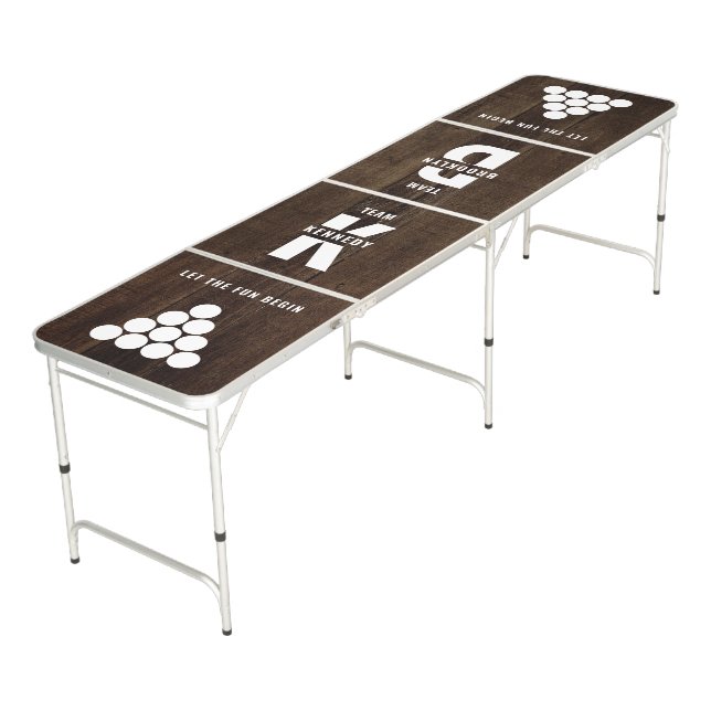 Fun Unique Monogram Team Name Initial Rustic Wood Beer Pong Table (Angled)