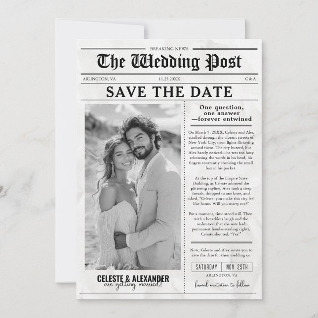 Fun Unique Newspaper Save the Date Photo Wedding Invitation (Front)