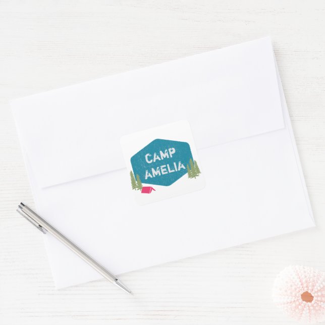 Fun Unique Personalized Camp Birthday Party Pink Square Sticker (Envelope)