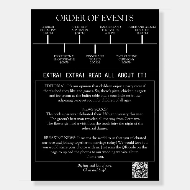 Fun Unique QR Code Black Reception Wedding Program Foam Board (Front)