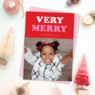 Fun Very Merry Retro Mod Typography Photo Silver Foil Holiday Card