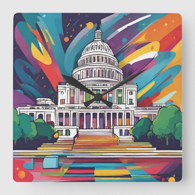 Fun Vibrant Funky Washington DC Wall Clock! Square Wall Clock (Front)