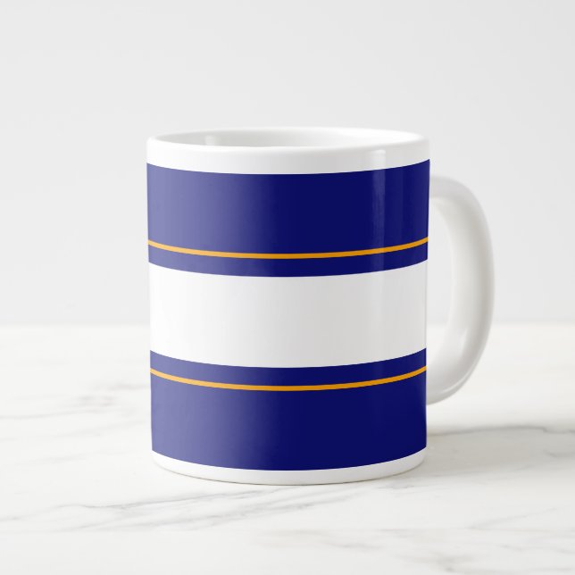 Fun Vibrant Royal Blue Yellow White Racing Stripes Giant Coffee Mug (Front Right)