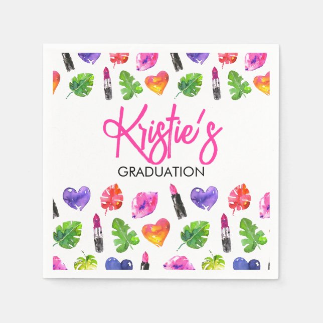 Fun Vibrant Watercolor Lipsticks Graduation Party Napkins (Front)