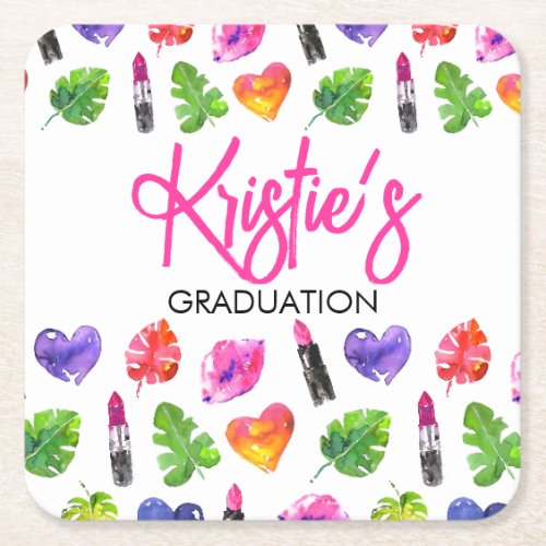 Fun Vibrant Watercolor Lipsticks Graduation Party Square Paper Coaster