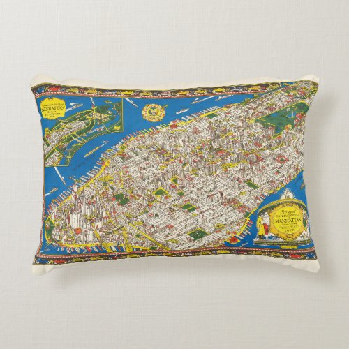 Fun Vintage 1926 Restored Pictorial Manhattan Map Accent Pillow