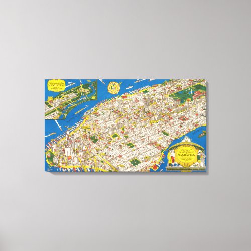 Fun Vintage 1926 Restored Pictorial Manhattan Map Canvas Print