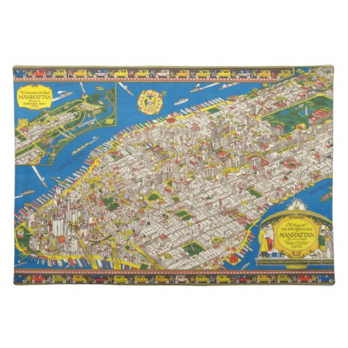 Fun Vintage 1926 Restored Pictorial Manhattan Map Cloth Placemat