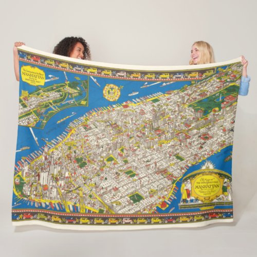 Fun Vintage 1926 Restored Pictorial Manhattan Map Fleece Blanket