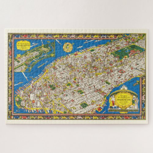 Fun Vintage 1926 Restored Pictorial Manhattan Map Jigsaw Puzzle