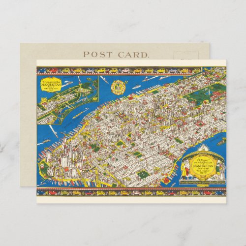 Fun Vintage 1926 Restored Pictorial Manhattan Map Postcard