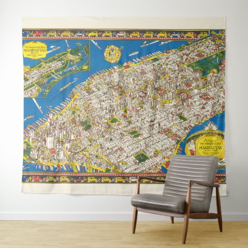 Fun Vintage 1926 Restored Pictorial Manhattan Map Tapestry