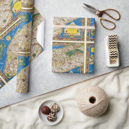 Fun Vintage 1926 Restored Pictorial Manhattan Map Wrapping Paper