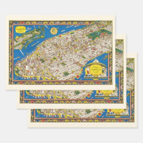 Fun Vintage 1926 Restored Pictorial Manhattan Map Wrapping Paper Sheets