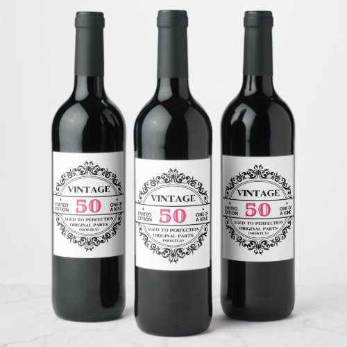 Fun Vintage 50th Black and Pink Birthday Novelty   Wine Label