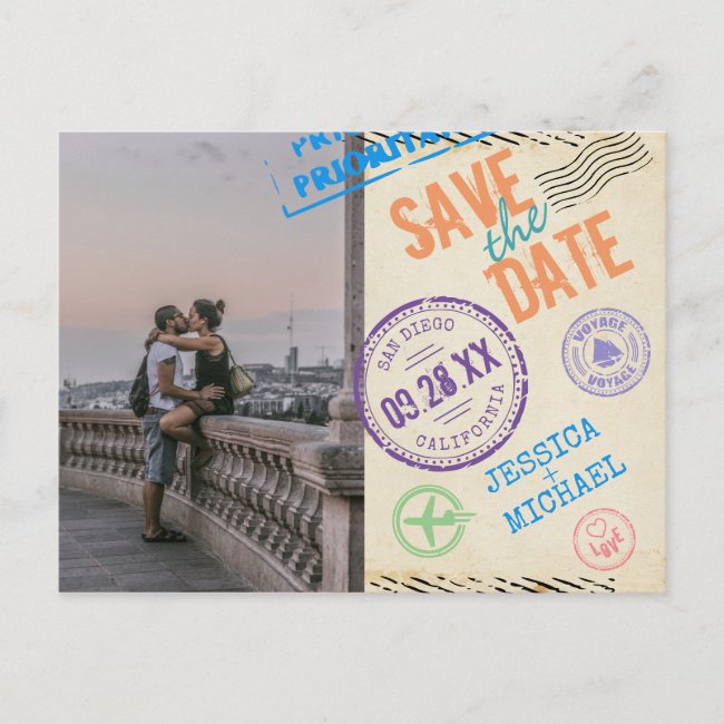 Fun Vintage Airmail Typography Photo Save The Date Invitation Postcard