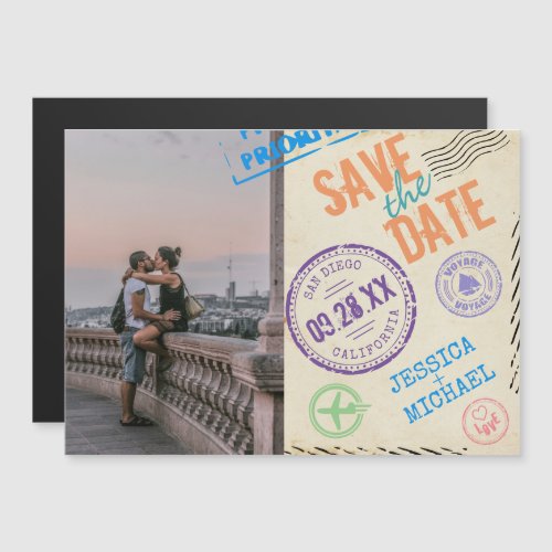 Fun Vintage Airmail Typography Photo Save The Date Magnetic Invitation