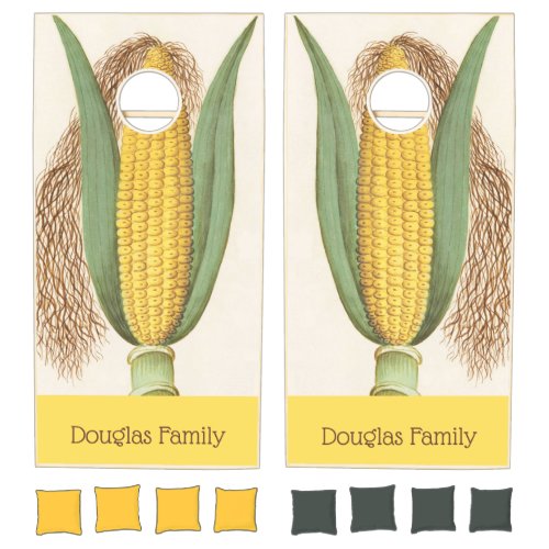 Fun Vintage Corn Husk Yellow Green Family Name Cornhole Set