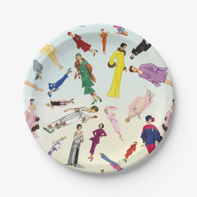 Fun Vintage Dresses Fashion Illustration Pattern Paper Plates (Front)