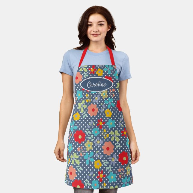 Fun Vintage Flowers Polkadots Pattern On Blue Apron (Worn)