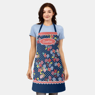 Fun Vintage Flowers Polkadots Pattern On Dark Blue Apron