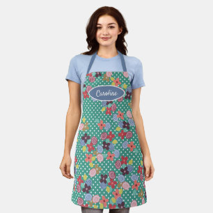 Fun Vintage Flowers Polkadots Pattern On Green Apron