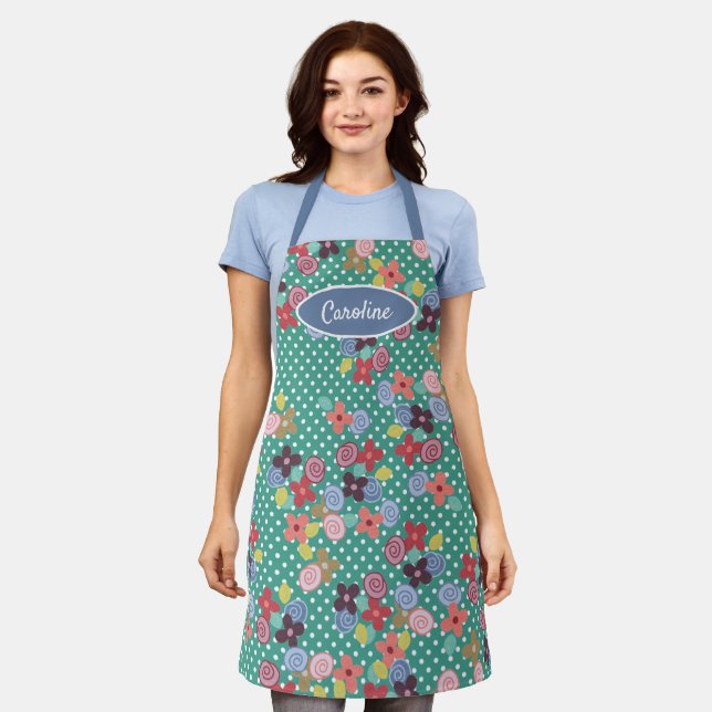 Fun Vintage Flowers Polkadots Pattern On Green Apron (Worn)