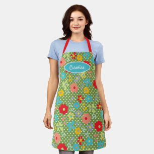 Fun Vintage Flowers Polkadots Pattern On Green Apron