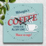 Fun Vintage Fresh Brewed Coffee Personalized Square Wall Clock<br><div class="desc">A fun,  vintage throwback design to the 1960's with this cute fresh brewed coffee sign clock,  personalized for someone special.  These great little conversation pieces make a perfect housewarming gift or coffee lover gift!</div>