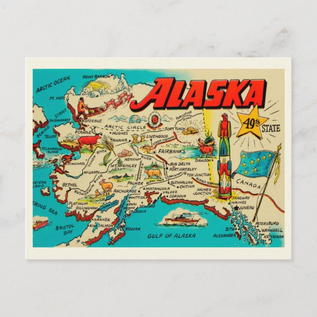 Fun vintage map of Alaska Postcard (Front)