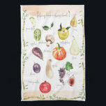 Fun Vintage Retro Typography Fruits & Vegetables   Kitchen Towel<br><div class="desc">Cute design features a plethora of painted watercolor fruits and vegetables in vibrant colors with vintage nostalgia.  Ideal gift for yourself and others for any special occasion,  including Mother's Day and Father's Day.</div>