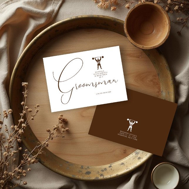 Fun Vintage Strongman Brown Groomsman Wedding  Invitation (Fun Vintage Strongman Brown Groomsman Wedding Simple Proposal Card. )