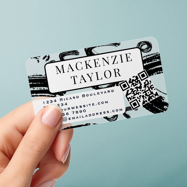 Fun Wacky Scribble Pattern Personalized QR Code Clear Business Cards (Handheld)