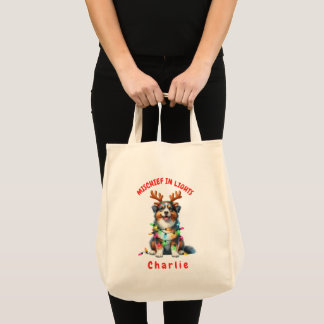 Fun Watercolor Australian Shepherd Holiday Lights Tote Bag