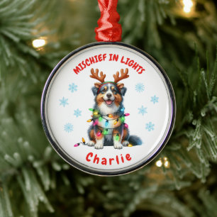 Fun Watercolor Australian Shepherd Snowflakes Dog Metal Ornament