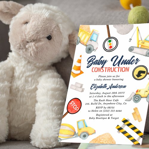 Fun Watercolor Baby Under Construction Baby Shower Invitation