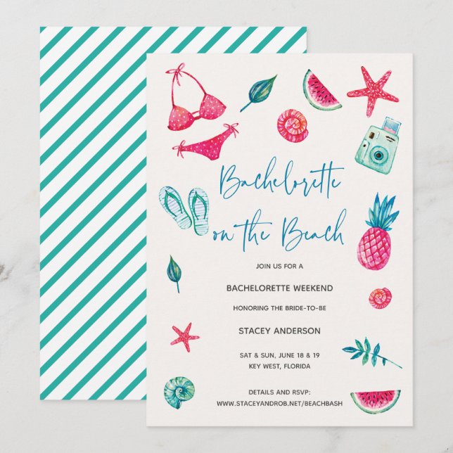 Fun Watercolor Beach Destination Bachelorette Invitation (Front/Back)