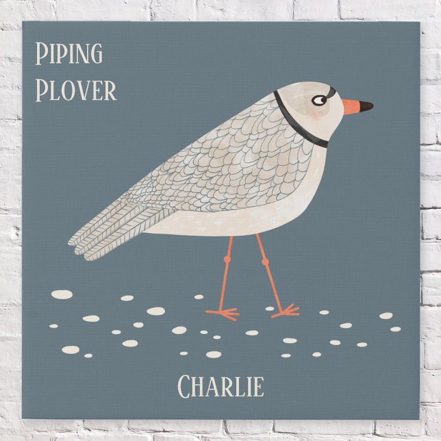 Fun Watercolor Bird Art Personalized Faux Canvas Print (Fun Piping Plover personalized name coastal shore bird watercolor art faux canvas print)