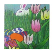 Fun Watercolor Bunny Rabbit with Eggs 4.25" Tile