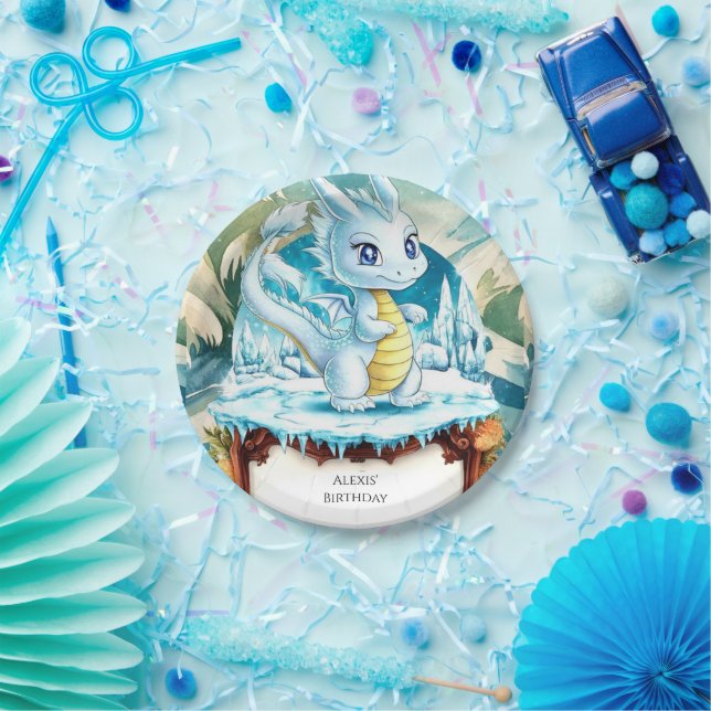 Fun Watercolor Dragon Birthday Paper Plates (Party)