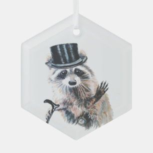 Fun Watercolor Dressed Up Raccoon Glass Ornament