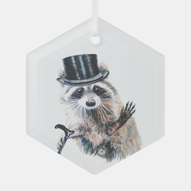 Fun Watercolor Dressed Up Raccoon Glass Ornament (Front)